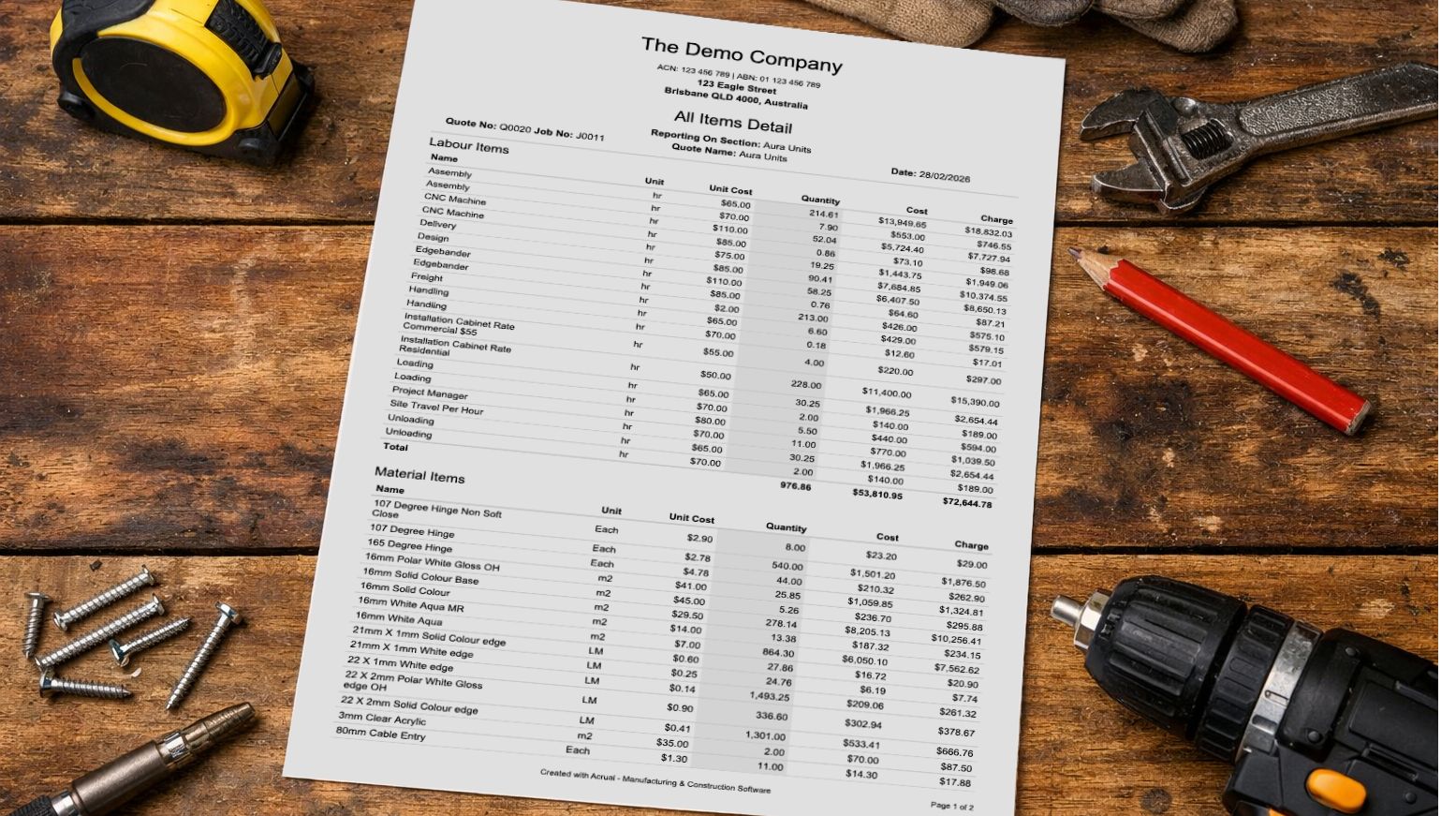 Detailed cost breakdown report for a cabinetry project