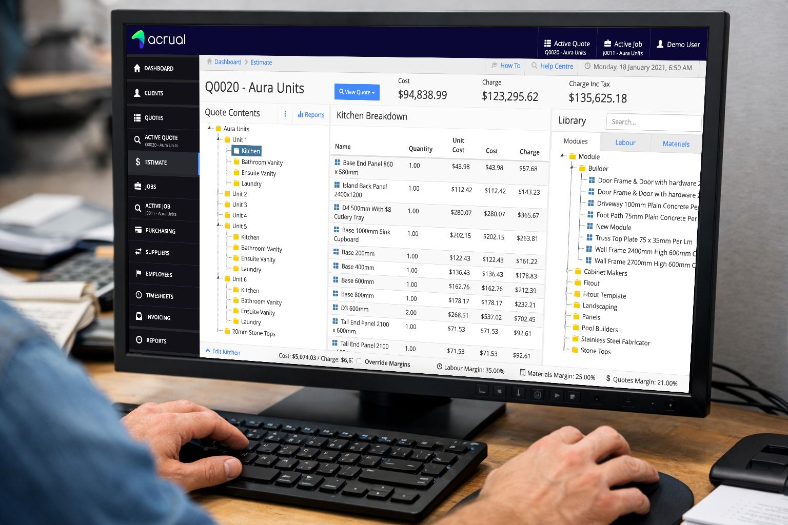 Acrua estimating software interface showing a project