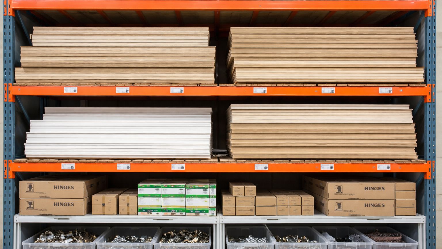 Sheet materials and hardware components for cabinetry