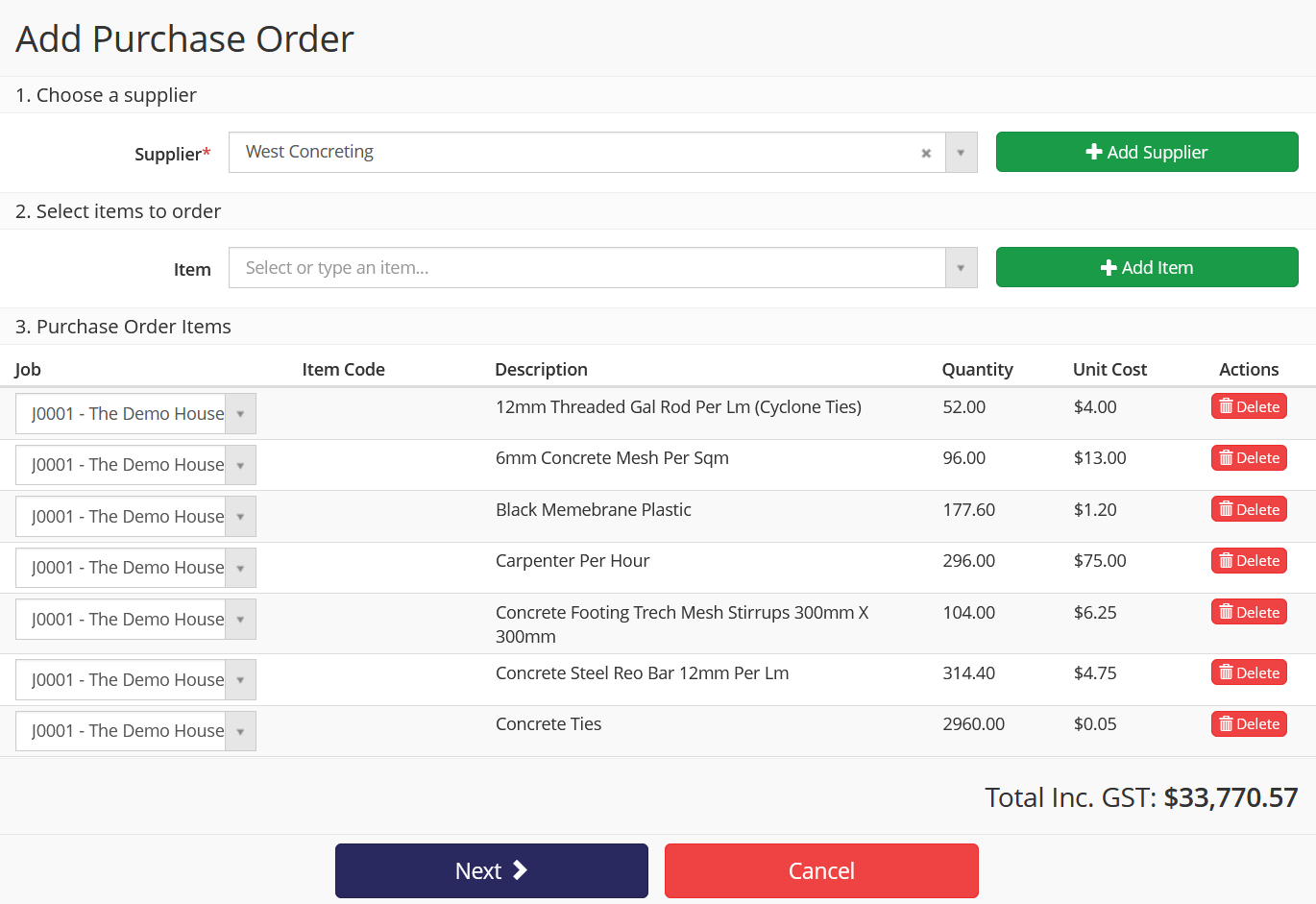 The newly created purchase order with all materials and labour