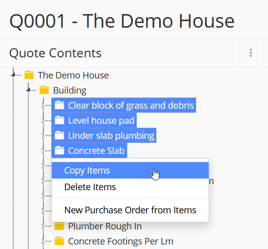 Multi select copying in an estimate