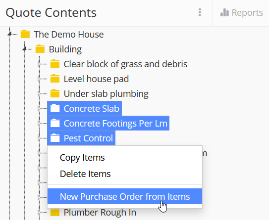 Creating a new purchase order from selected items