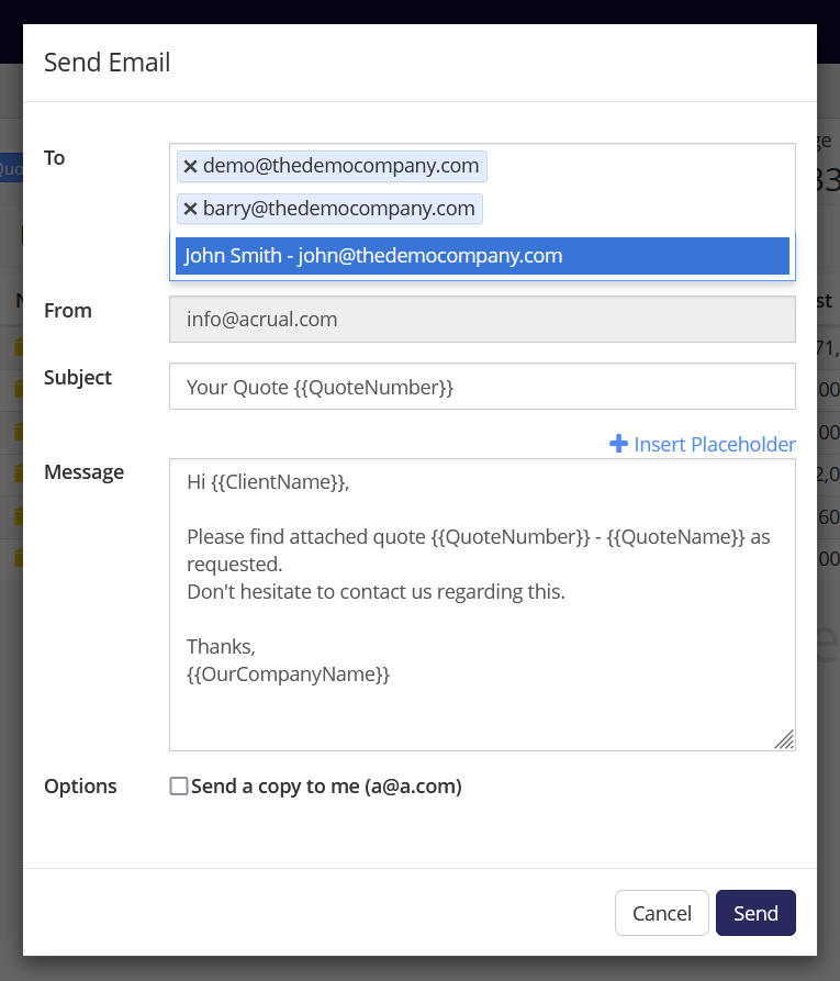 Autocomplete dropdown with client &amp; contact emails