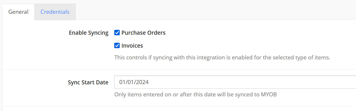 MYOB Integration settings page