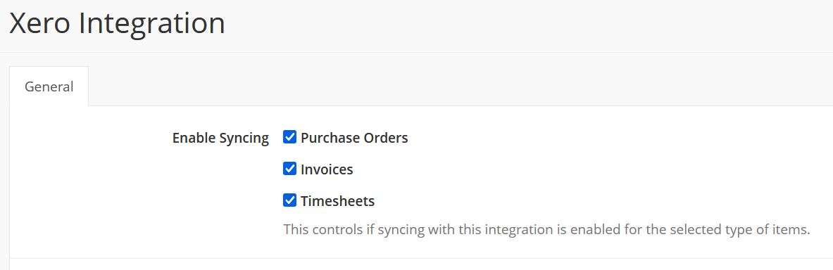 Xero Integration settings page