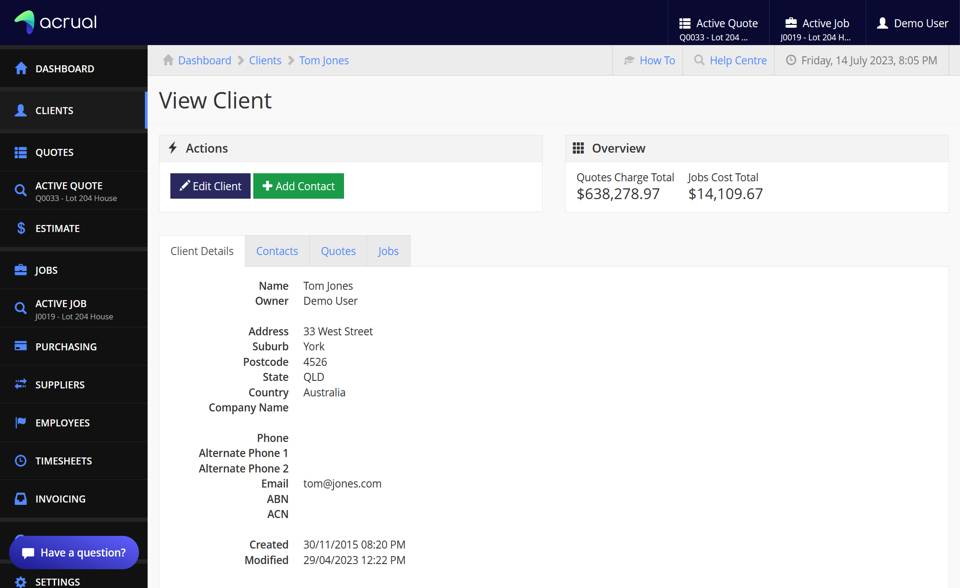 An Acrual client management screenshot