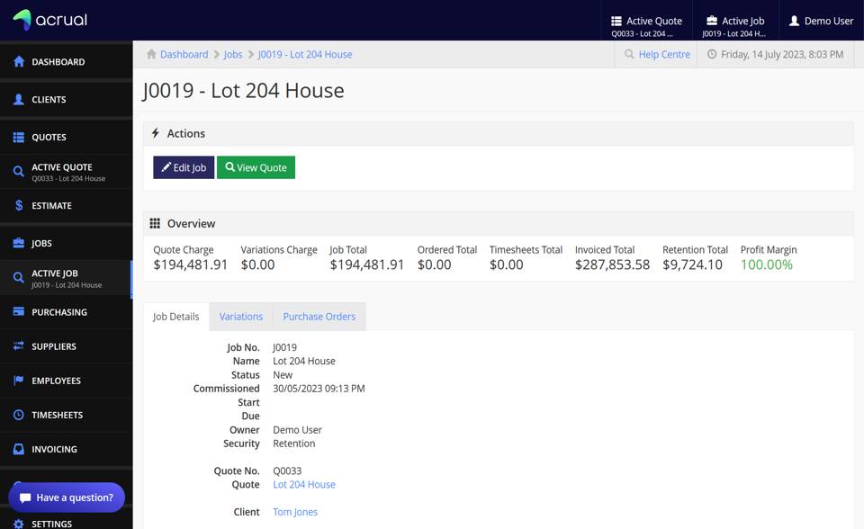 An Acrual job management screenshot