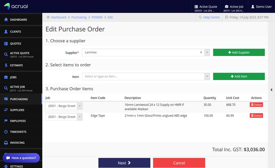 An Acrual purchasing screenshot