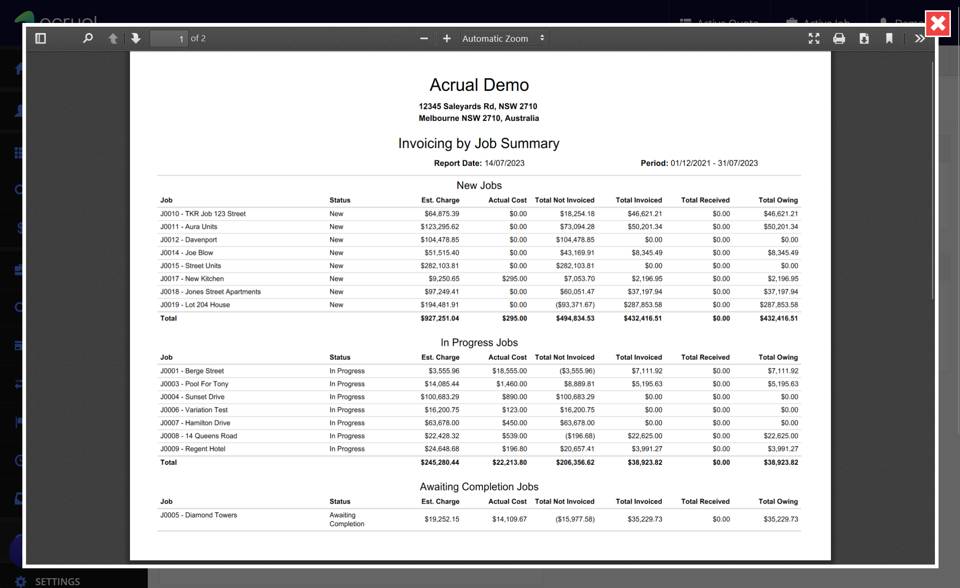 An Acrual reporting screenshot